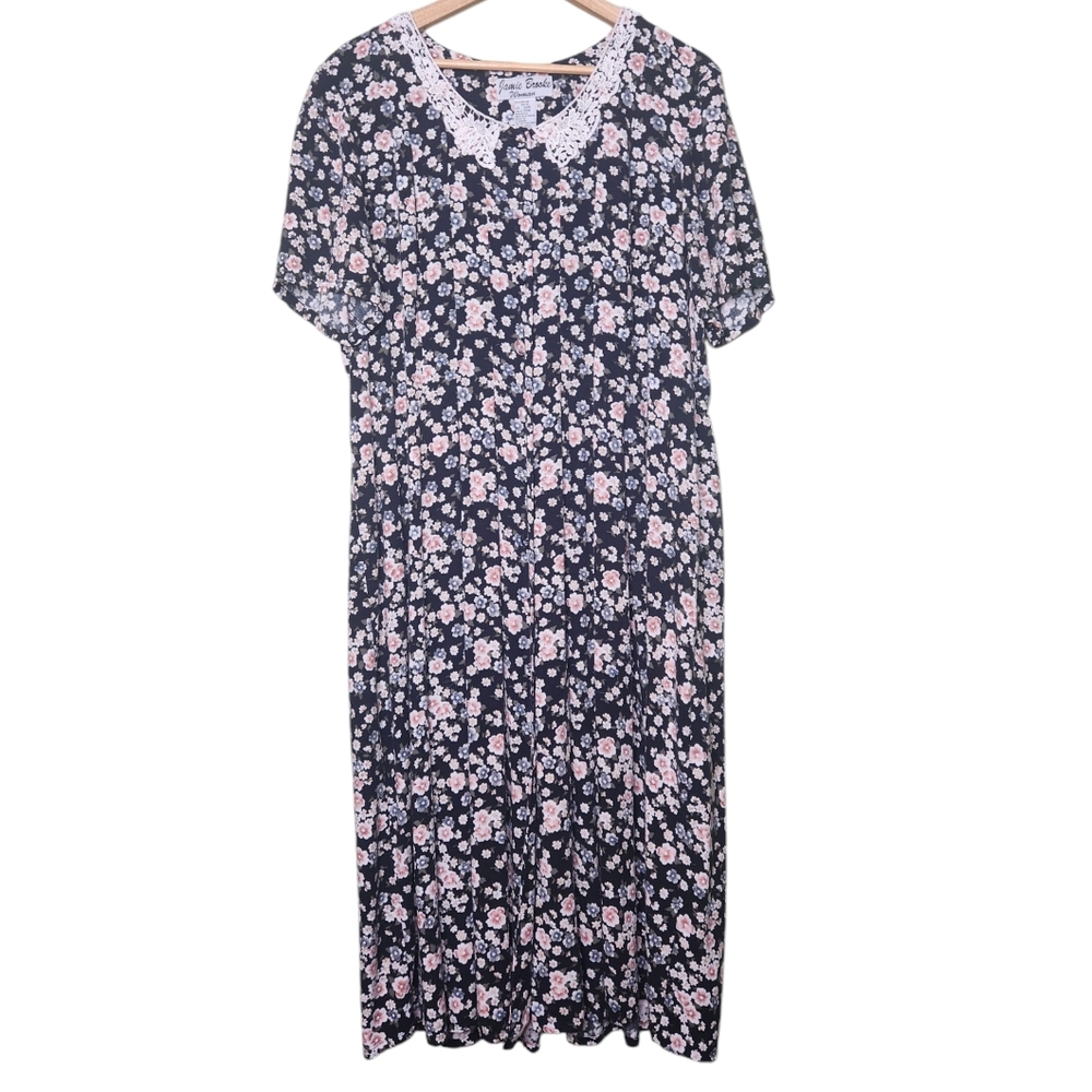 Vintage Dark FLoral Peter Pan Lace Trim Collar Dress Cottagecore XXL Prairie